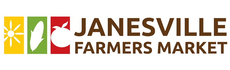 Logo for Janesville Farmers Market featuring a yellow sun, green leaf, red block icons, and the text 'Janesville Farmers Market' in brown letters.