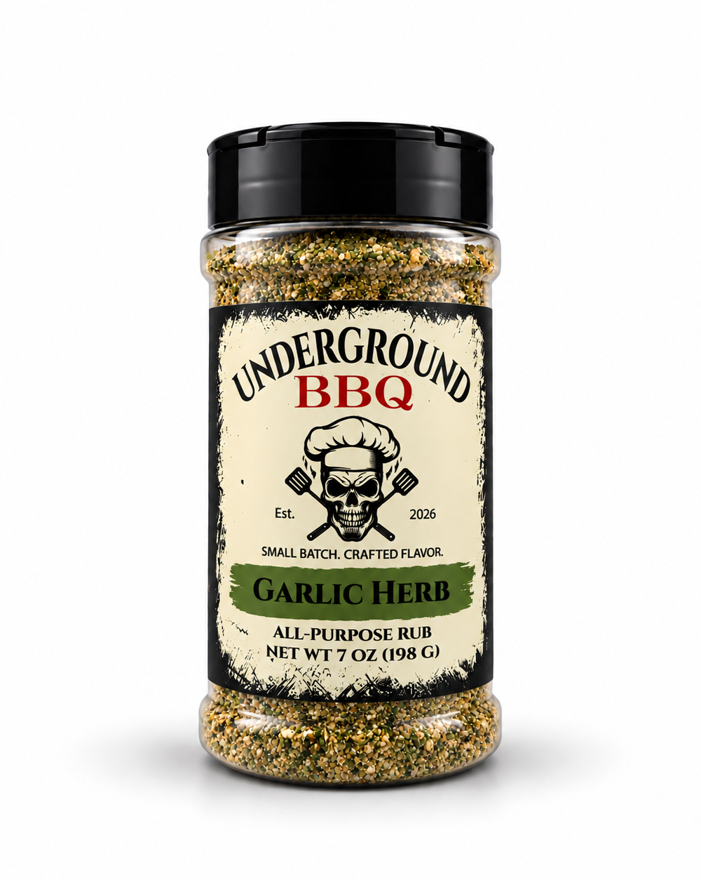 Garlic Herb - Underground BBQ Jar of Underground BBQ Garlic Herb all-purpose rub with skull-chef logo on the label.
