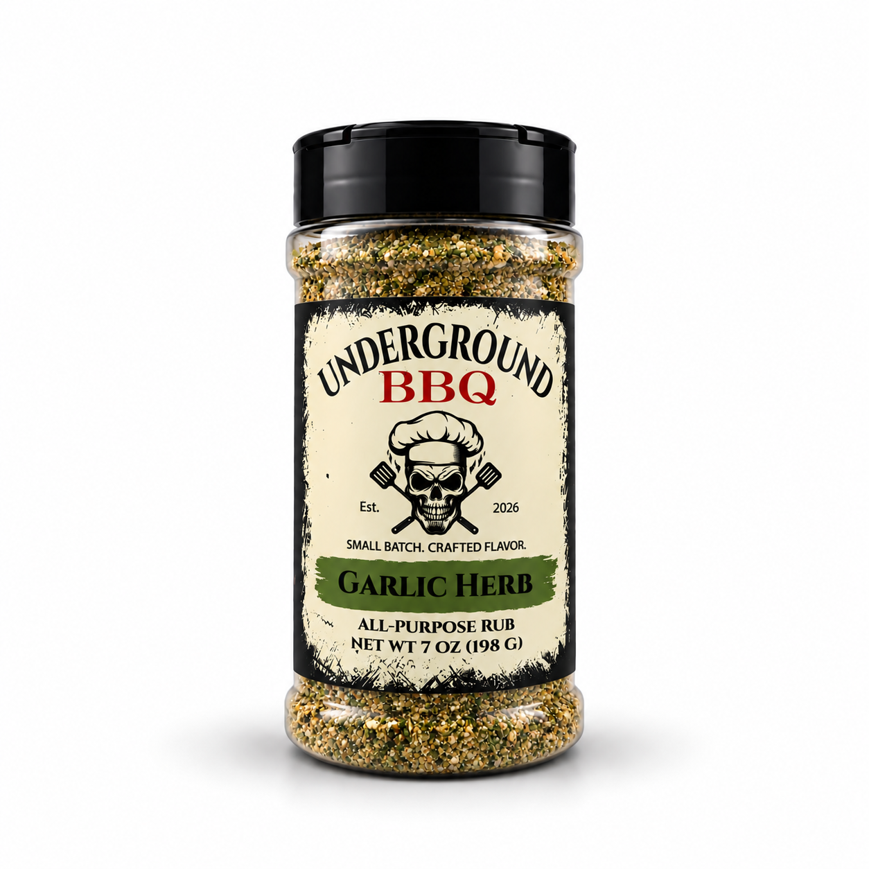 Garlic Herb - Underground BBQ Jar of Underground BBQ Garlic Herb all-purpose rub with skull-chef logo on the label.