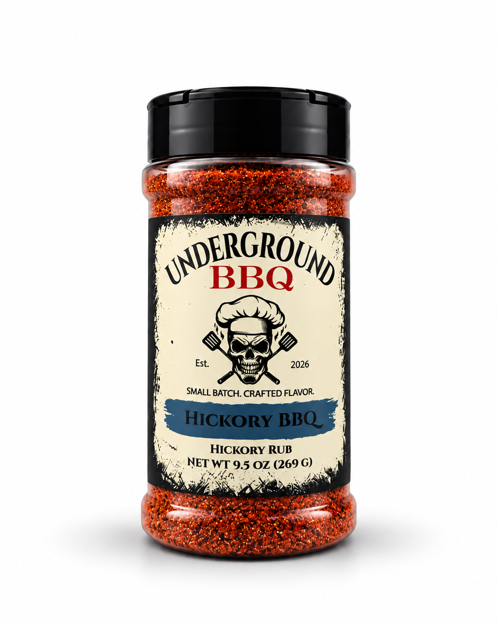 Hickory - Underground BBQ Bottle of Underground BBQ Hickory BBQ rub with skull chef logo and blue “Hickory BBQ” ribbon on label.