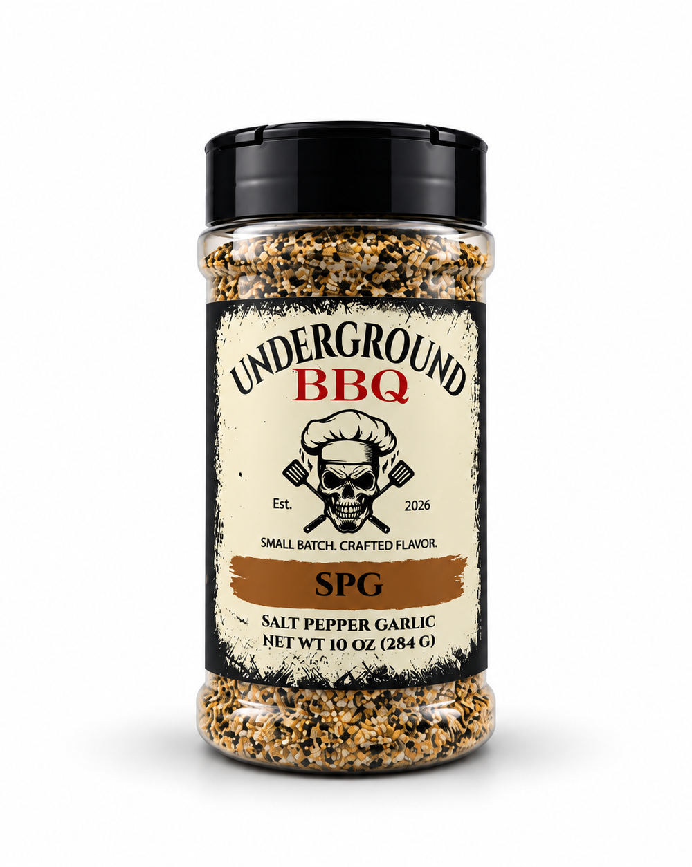 SPG - Underground BBQ Jar of Underground BBQ SPG salt, pepper & garlic seasoning with skull-chef label and black lid (10 oz / 284 g)